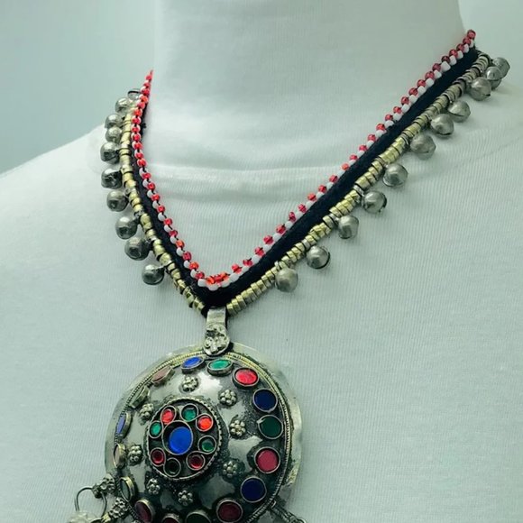 Tribal Afghani Pendant Necklace With Glass Stones and Bells - Picture 6 of 10
